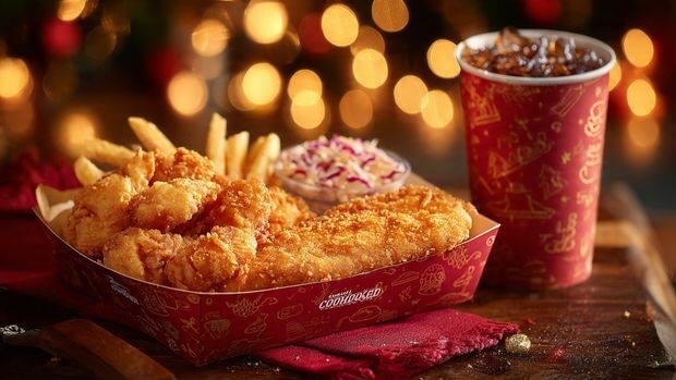 Value basket CookOut fried shrimp combo, coupon ticket, loyalty card icons, upbeat deal style