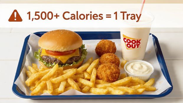 7 Shocking Truths About Cookout Calories You Need to Know 1 Cook Out tray with high-calorie meal combination of burger, fries, and shake.