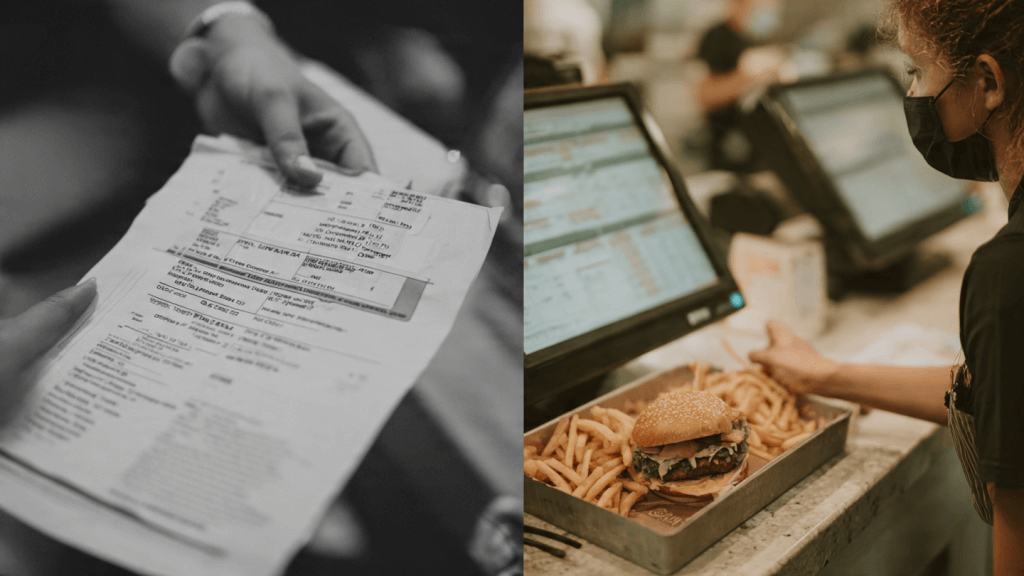 Cookout Vegan Options: 7 Proven Ways to Find the Best Plant-Based Picks (USA) 2 Split image showing official Cook Out allergen PDF on one side and cashier taking a Cookout vegan order on the other.