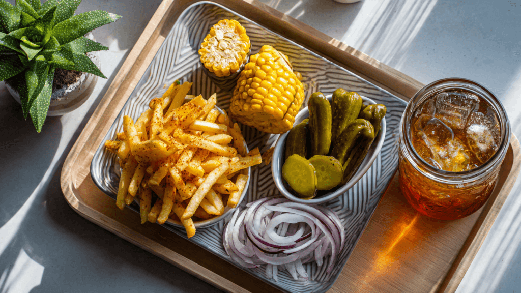Cookout Vegan Options: 7 Proven Ways to Find the Best Plant-Based Picks (USA) 3 A Cookout vegan tray with fries, corn on the cob, pickles, and iced tea shot from above.