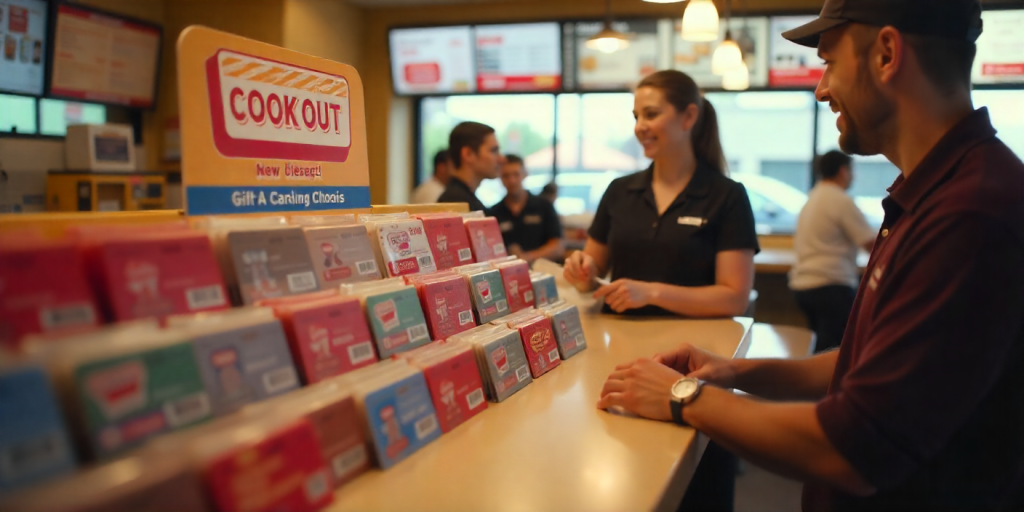 Cook Out gift cards displayed at restaurant counter