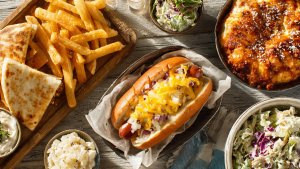 Cook Out vegetarian items tray with fries, salad, and quesadilla