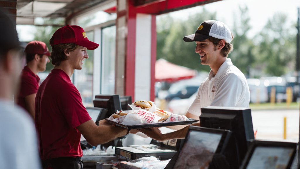 Ordering Cookout hot dogs at a Cook Out drive-thru.