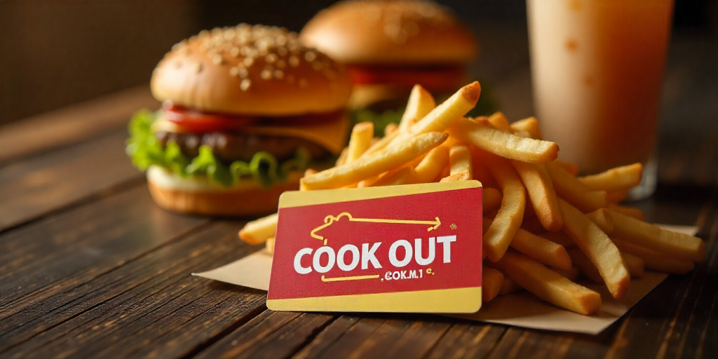 Cookout gift cards with burgers, fries, and milkshakes