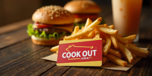 Cookout gift cards with burgers, fries, and milkshakes