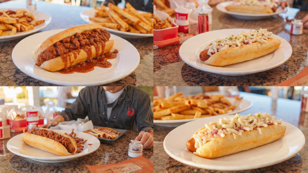 Popular Cookout hot dog builds including chili, cheese, and slaw dogs.