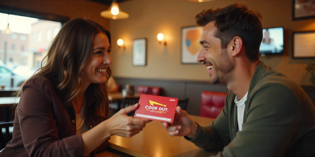 Friends giving Cookout gift cards in a restaurant