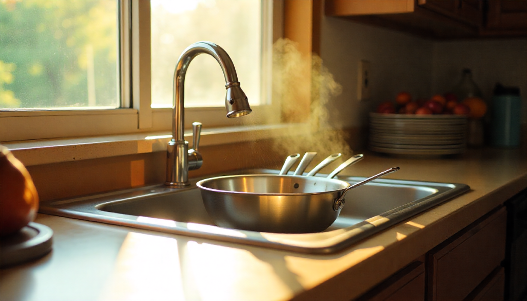 Clean dishes resting near a sink after cooking Cookout new year meals.