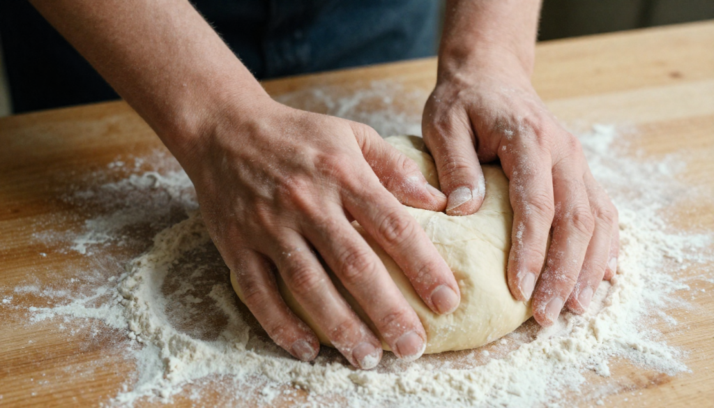 Hands kneading dough to bake fresh bread for Cookout new year meals.