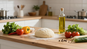 Home 25 A modern kitchen scene showing ingredients laid out to prepare Cookout new year meals on a wooden counter.