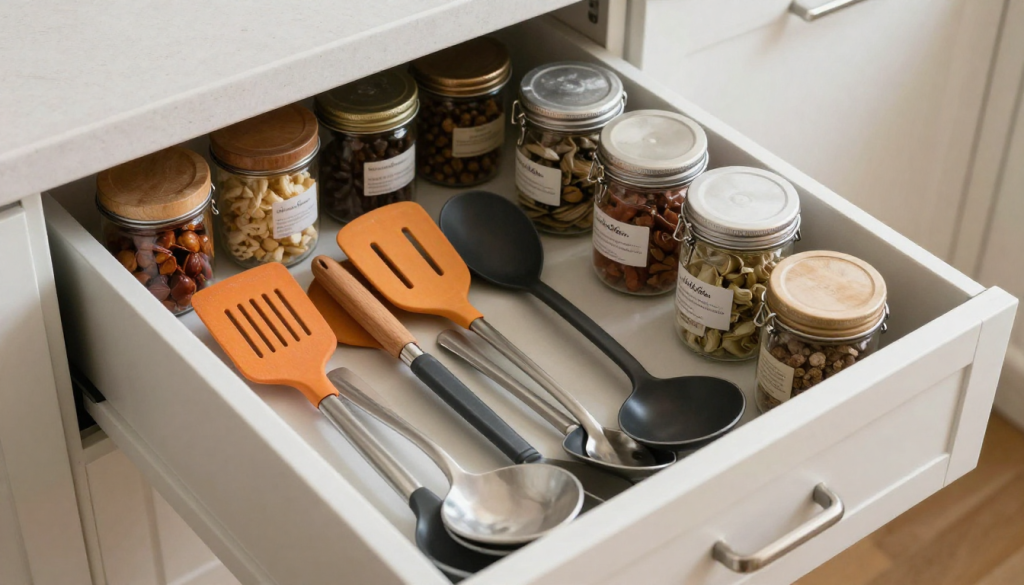 An organized kitchen drawer that helps make Cookout new year meals faster and easier to cook.