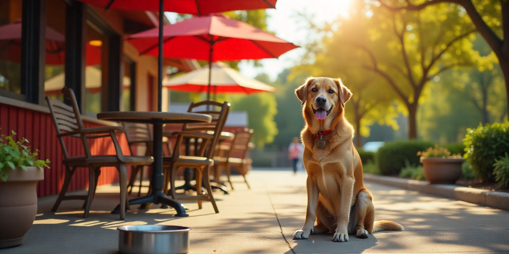 dog relaxing on a shaded Cook Out style patio during a cookout pet friendly stop