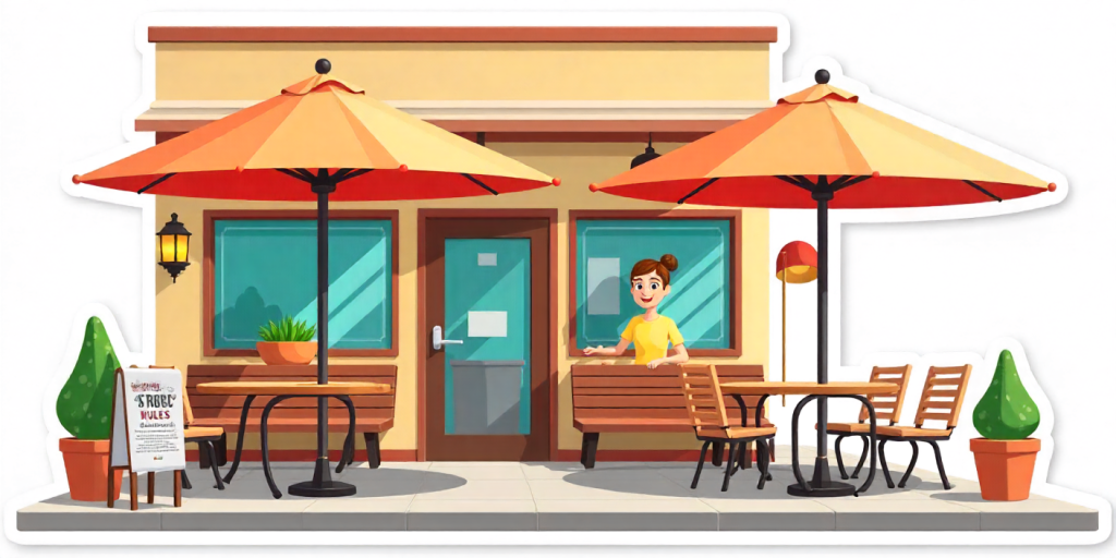 clean patio with posted cookout pet friendly rules and shaded seating