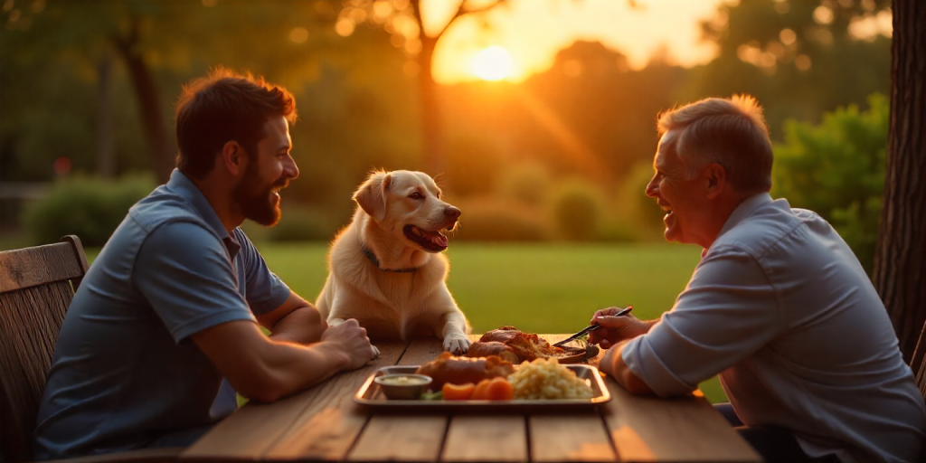 calm evening cookout pet friendly patio scene with dog resting