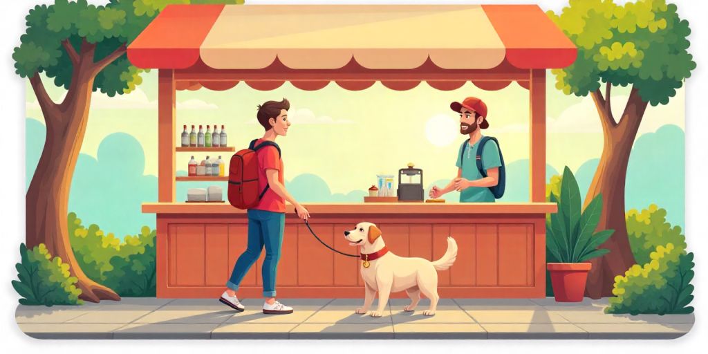 traveler enjoying a cookout pet friendly stop with a dog on a leash