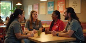 Home 22 Cookout mental health support for employees showing teamwork and well-being in the break room.