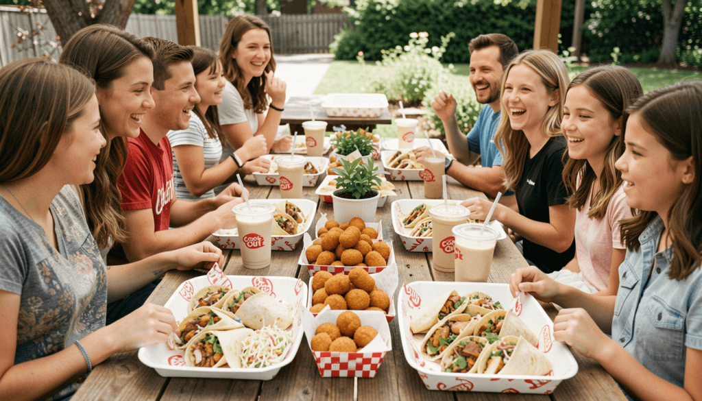 Cookout New Year Meals 2026 family packs with party trays, burgers, wraps, and hushpuppies for groups