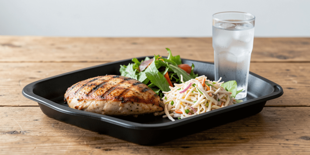 Cookout New Year Meals 2026 low calorie grilled chicken tray with slaw and healthy sides