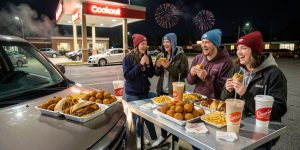 Cookout New Year Meals 2026 late-night Southern fast food trays with hushpuppies and BBQ