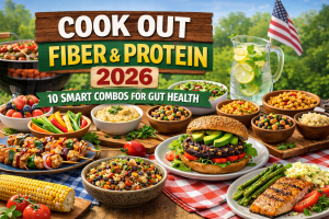 Cook Out Fiber Protein 2026 healthy meal spread with high-fiber and protein-rich foods including grilled chicken, baked beans, salads, and whole grains.