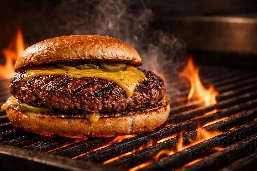 Cookout char grilled burger 2026 with flame grilled texture and grill marks