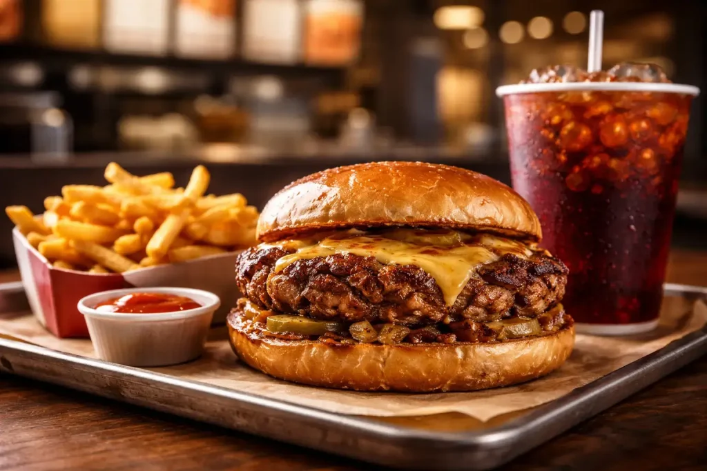 Cookout smashed burger 2026 served with fries and drink restaurant setting