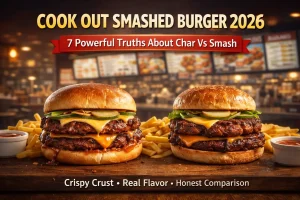 Cookout Smashed Burger 2026 char vs smash comparison with crispy edges and grilled texture
