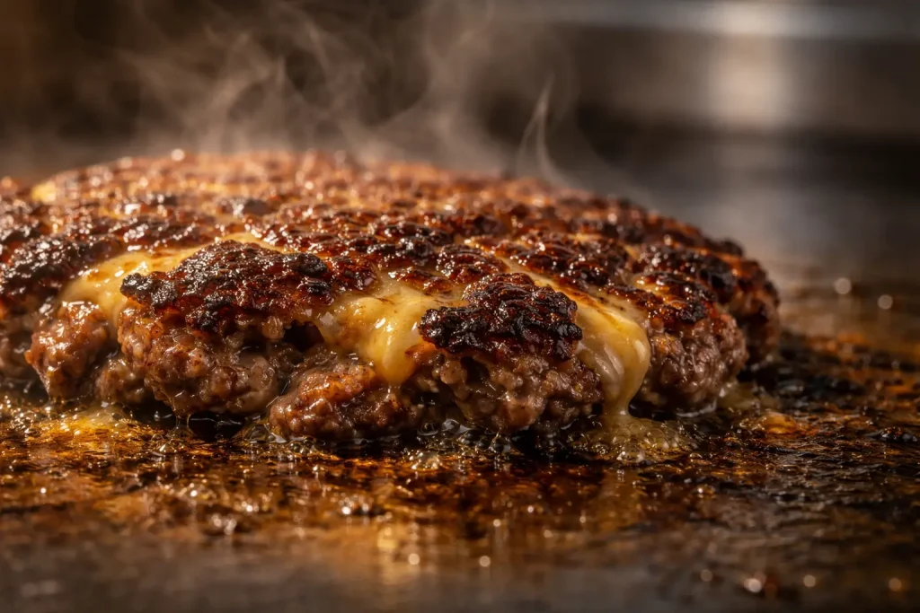 Cookout smashed burger 2026 crispy edges Maillard reaction close up