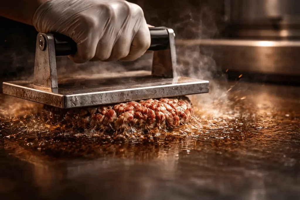 Cookout smashed burger 2026 pressing technique flat top grill