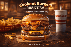 Cookout Burgers 2026 USA cheddar style double burger with fries and drink showing premium fast food presentation