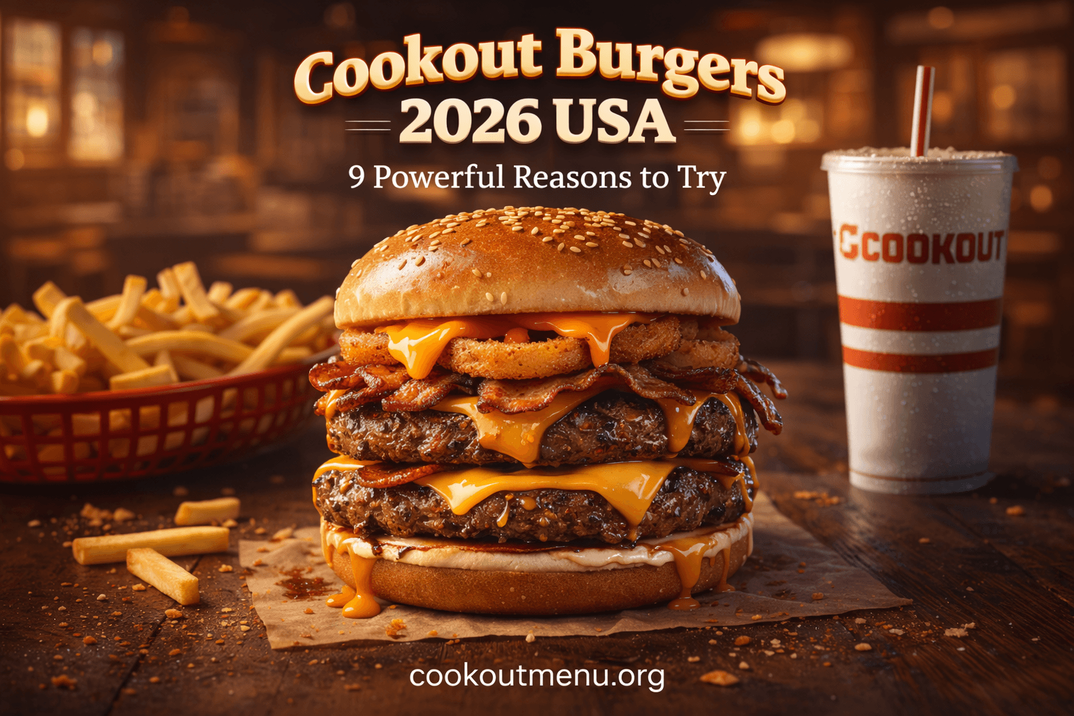 Cookout Burgers 2026 USA cheddar style double burger with fries and drink showing premium fast food presentation