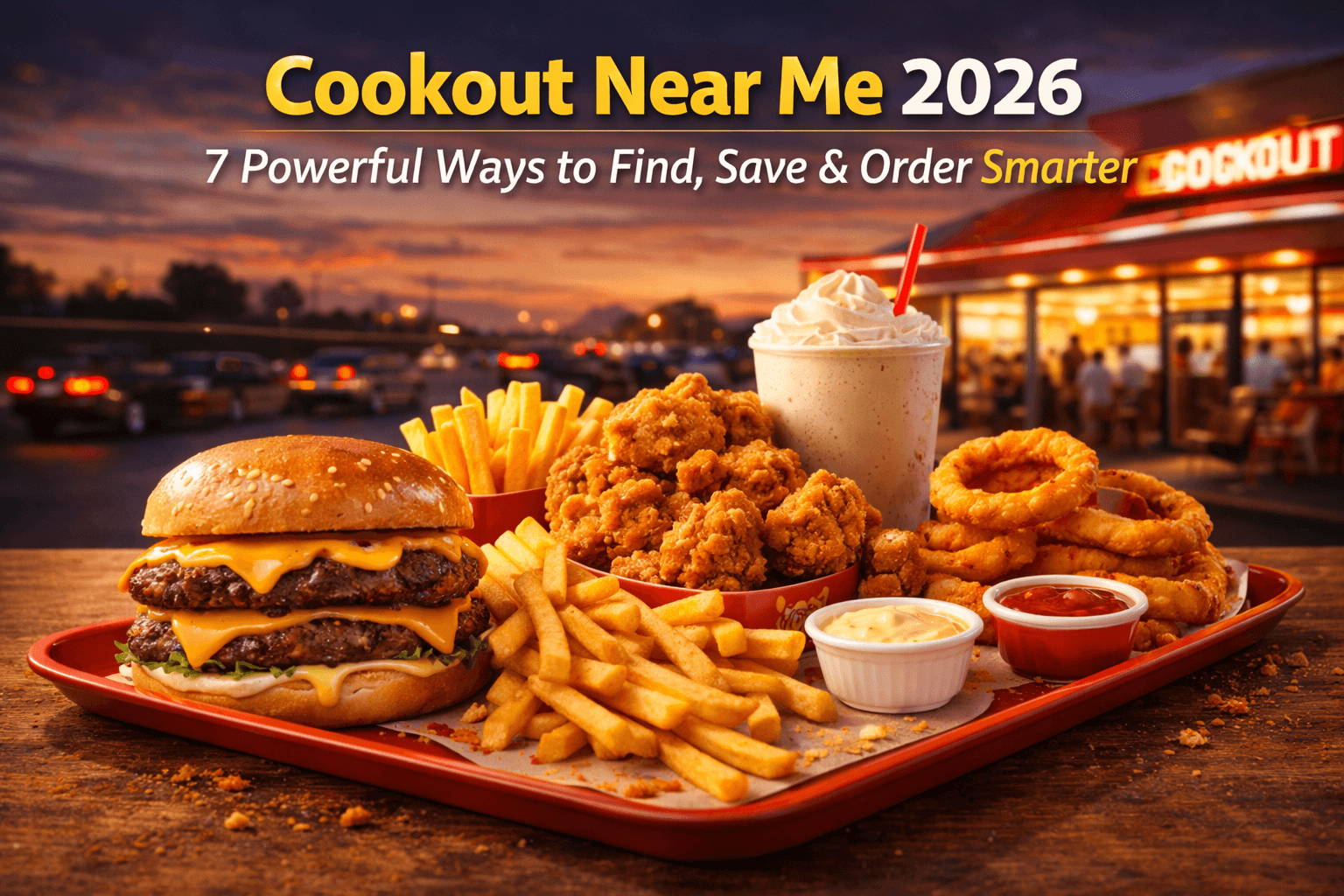 Cookout Near Me 2026 fast food featured image with burgers fries and tray meals
