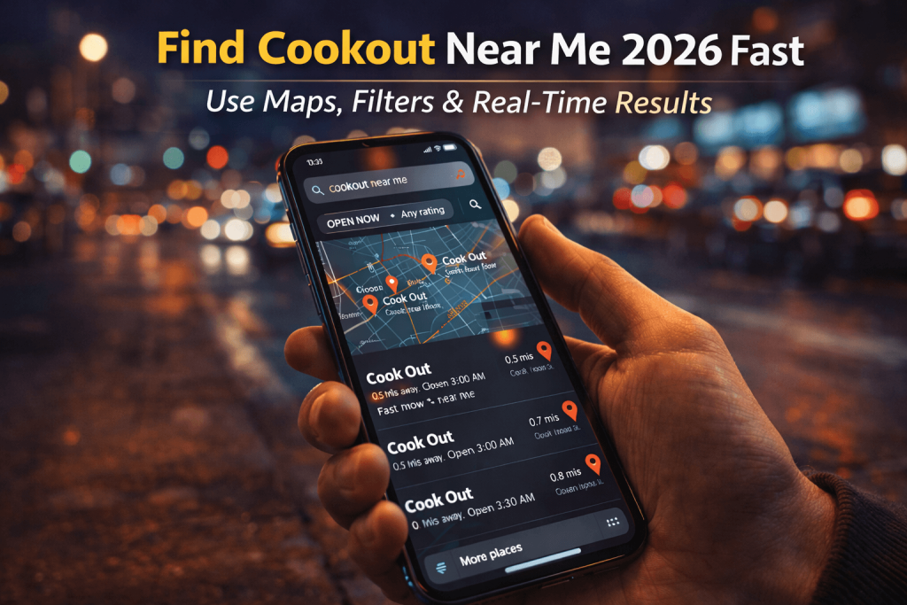 Cookout Near Me 2026 map search on smartphone with open now filter