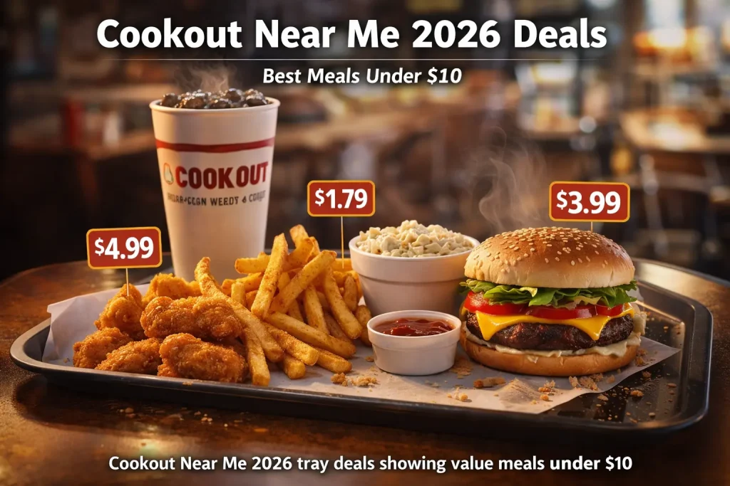 Cookout Near Me 2026 tray meals with burgers fries and budget deals